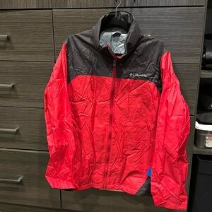 New Columbia, red rain jacket
